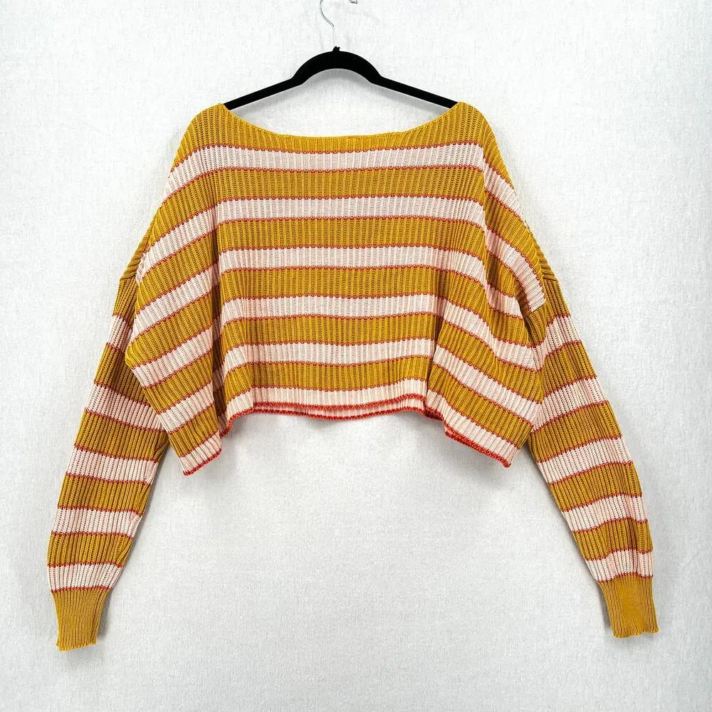 FREE PEOPLE Just My Striped Pullover Sweater Womens Small Yellow Pink Cropped - Picture 5 of 14